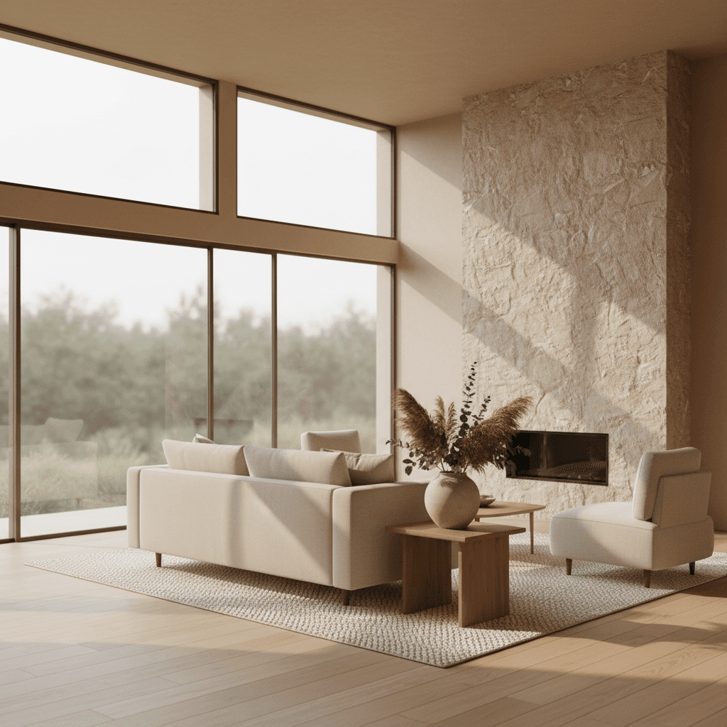 Minimalist modern living room with natural light and warm neutral tones