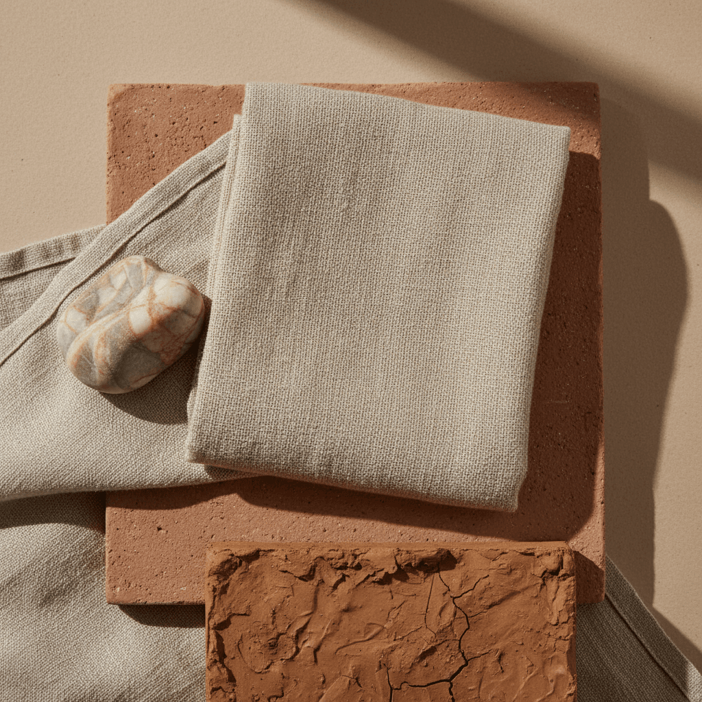 Layered natural materials including linen, clay, and stone