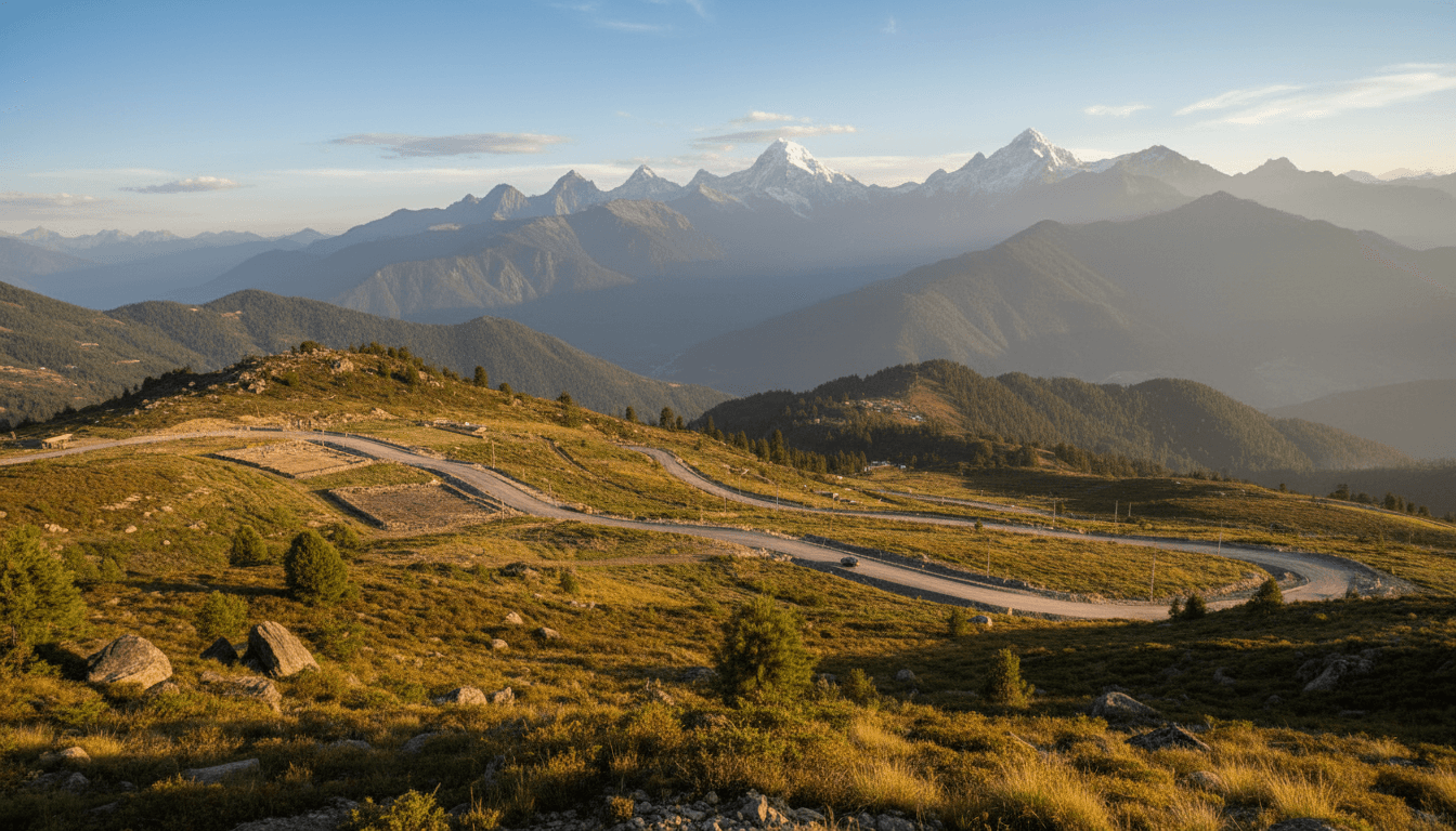 Panoramic view of mountain property plots with peaks and access road visible under golden-hour lighting in Himalayan landscape