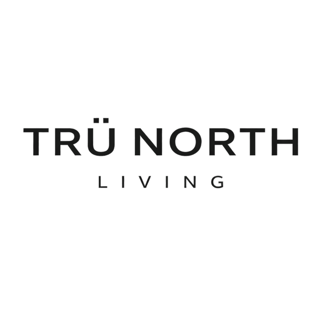 Minimalist black logo for TRÜ NORTH LIVING in bold uppercase font on white background.