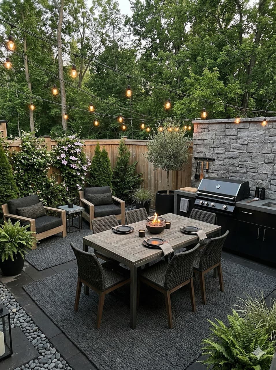 Modern backyard patio featuring a dining table, string lights, fire pit, and outdoor kitchen.
