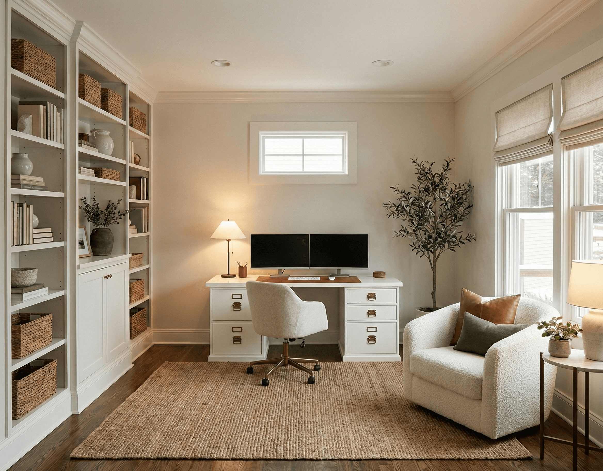 Modern home office with white bookshelves, a desk with two monitors, and a textured armchair.
