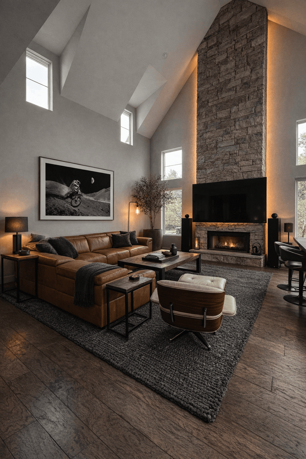 Modern living room with brown leather sectional, tall stone fireplace, and warm vaulted ceilings.