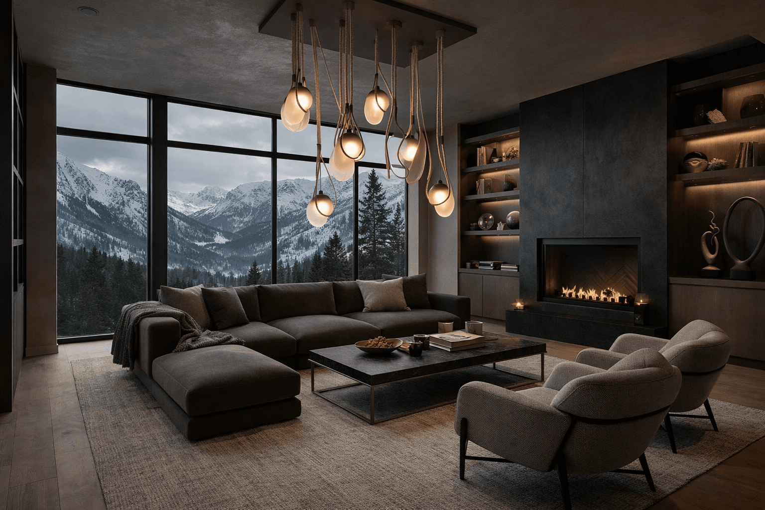Modern living room with a fireplace, rope chandelier, and windows overlooking snowy mountain peaks.