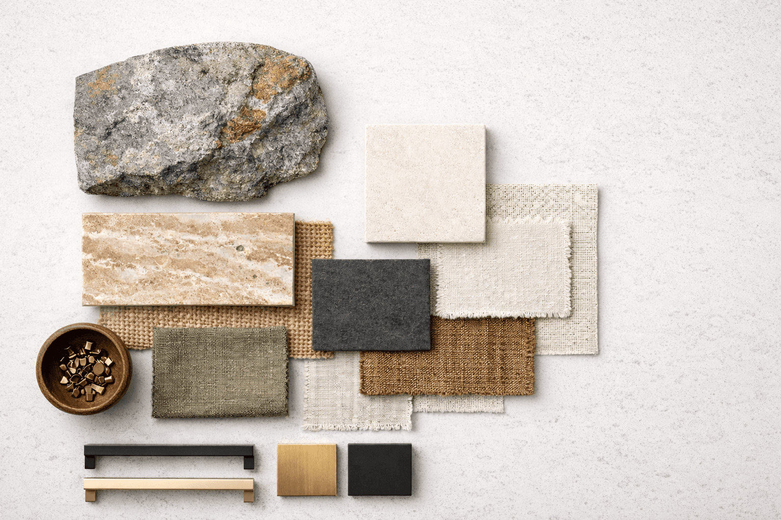Interior design mood board featuring stone tiles, fabric swatches, and hardware in natural, earthy tones.